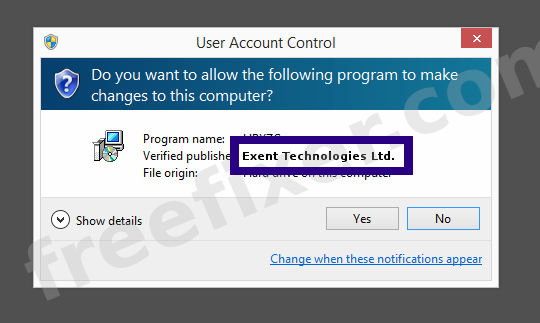 Screenshot where Exent Technologies Ltd. appears as the verified publisher in the UAC dialog